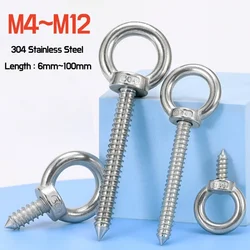 1~3pcs M4M5M6M8M10M12 304 Stainless Steel Lifting Eye Bolt Round Ring Hooks Self Tapping Wood Screws Eye Nut Self Tapping Screw