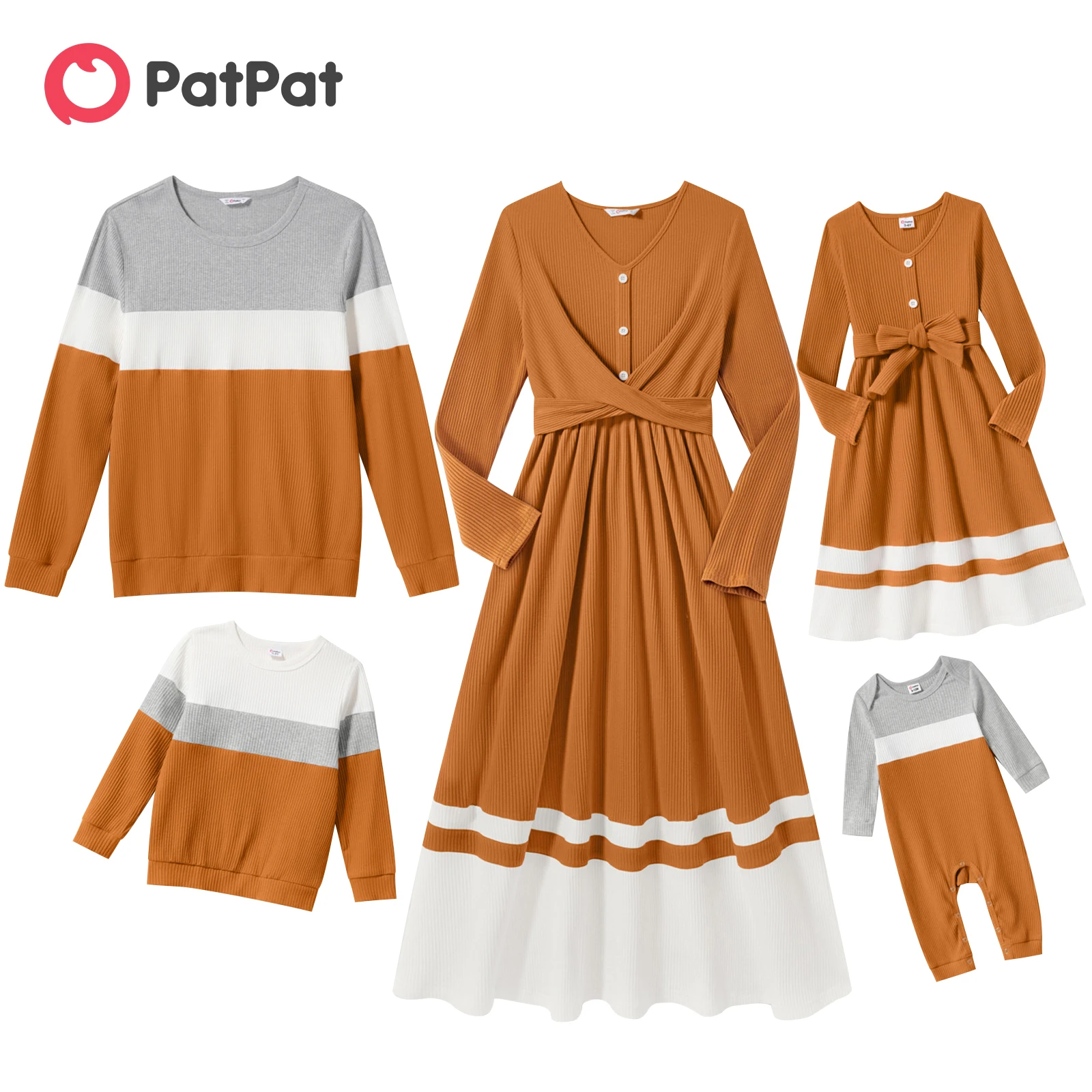 

PatPat Family Matching Outfits Long-sleeve V Neck Button Front Colorblock Rib Knit Midi Women's Dresses and Sweatshirt Tops Sets