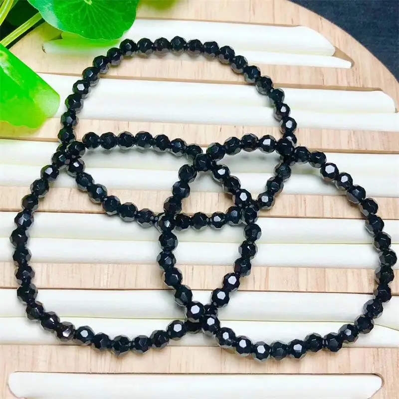 Natural Faceted Black Tourmaline Bracelet Healing String Charms Fashion Personalized Men Women Holiday Gift Jewelry 1pcs 5mm