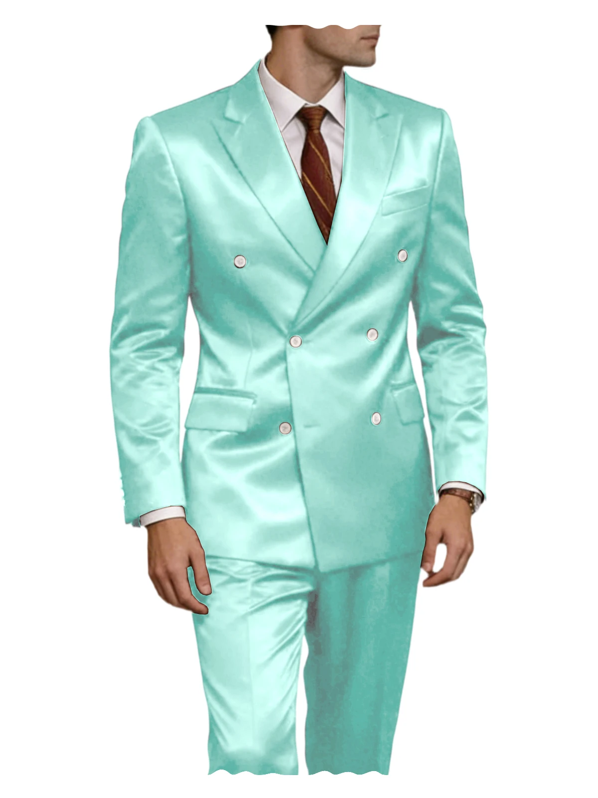 Traje de lujo para hombre de satén brillante de 2 piezas con solapa de pico, chaqueta cruzada y pantalón, elegante, ajustado, formal, para boda o fiesta