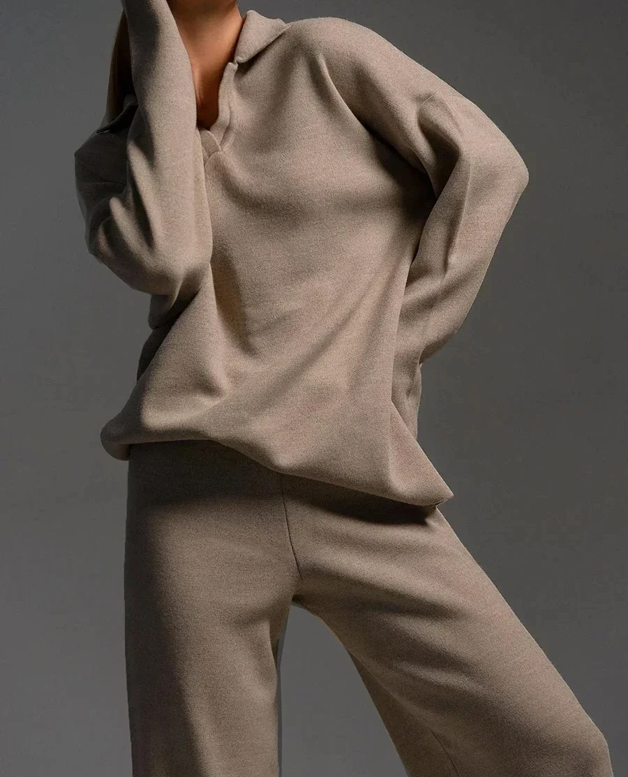 Setelan pakaian rajut wanita, setelan 2 potong tebal, Sweater Polo leher & celana kaki lebar, pakaian rajut 2024