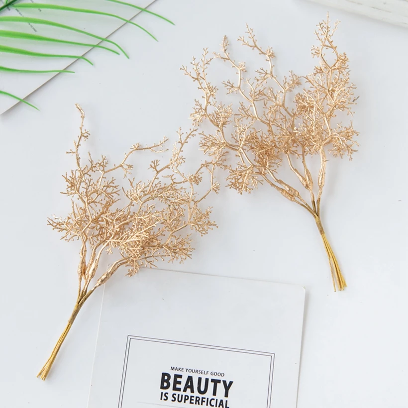 Artificial Golden Prateado Branch para árvore de Natal, planta falsa, Acessório Grinalda, Home Varanda, Layout Paisagem, Decoração do casamento, 6pcs