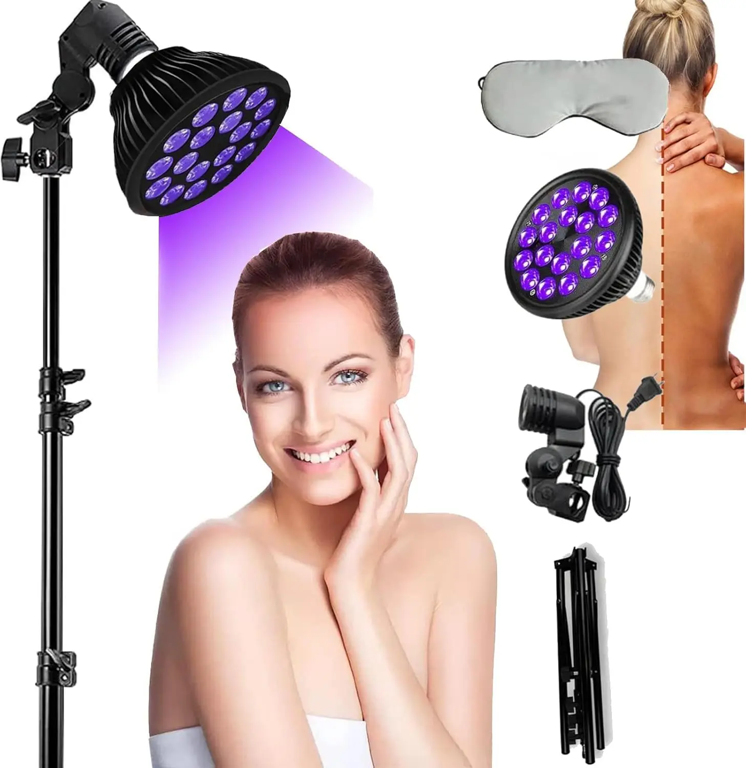 

Tanning Lamp 54W Purple LED Sun Lamp, 395&460 nm, Foldable Stand , Eye Mask, Tanning Device for Body Face Skin beauty treatment