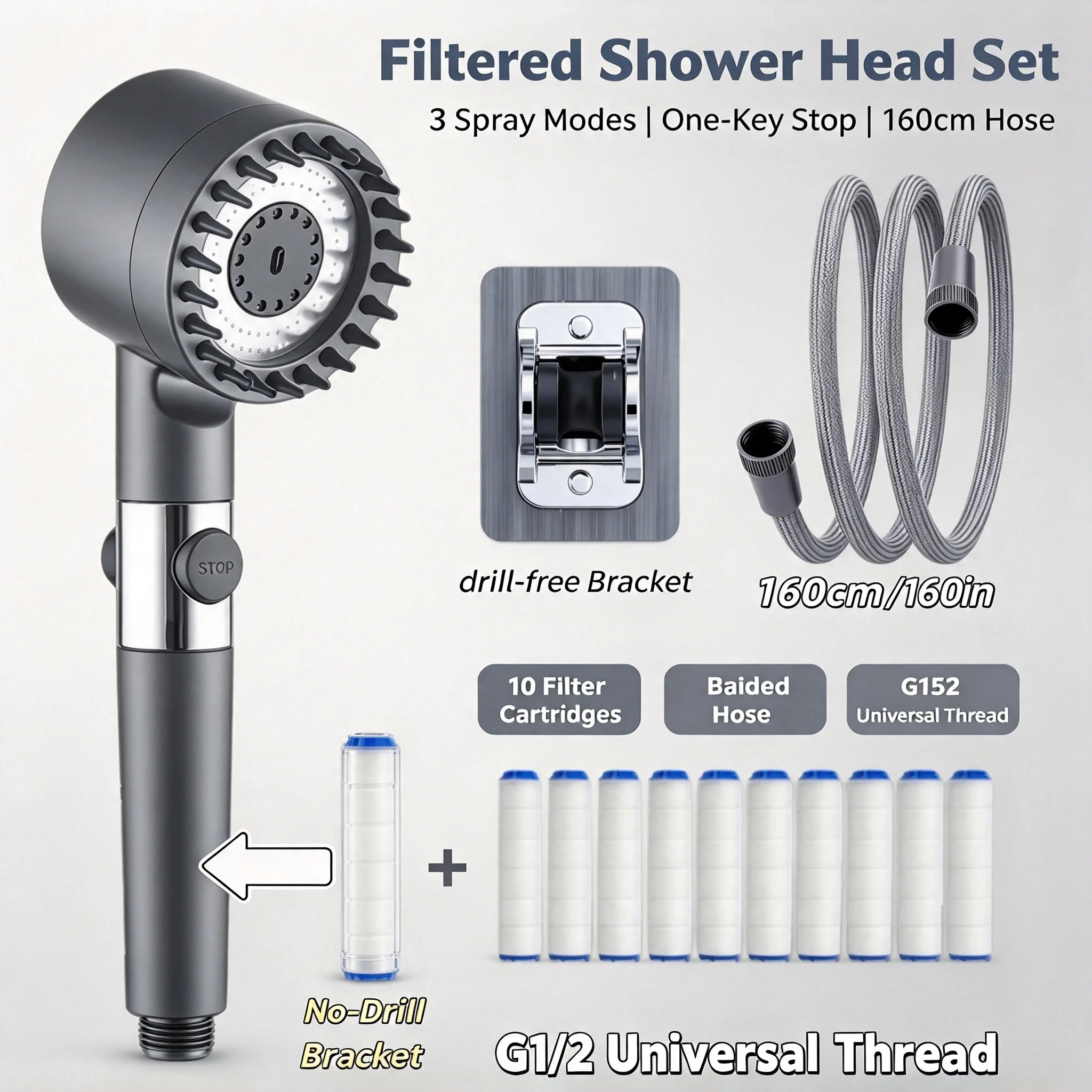 HTMCK Gray Medium Shower Head with Built-in Filter, 3 Spray Modes One-Key Stop 62-inch Braided Hose, Drill-Free Bracket image 2