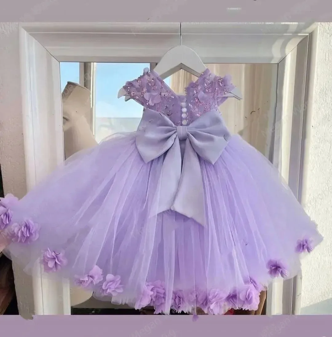 Lovely Lavender Flower Girl Dress for Wedding With Bow Sequins 3D Florals Princess First Communion Birthday Gowns Customized