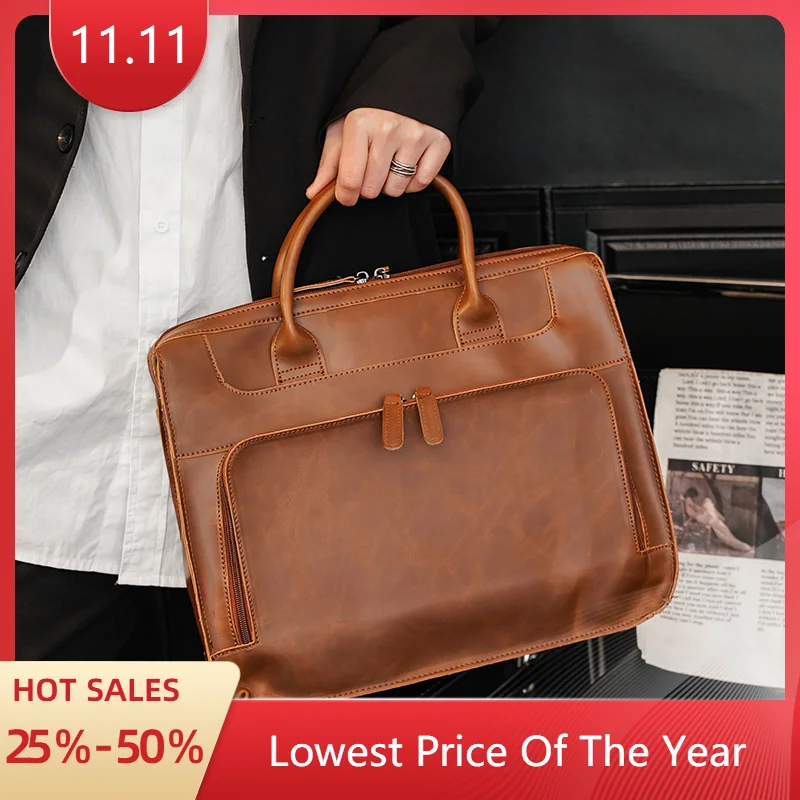 Men's Bag Crazy Horse PU Leather Men Briefcase for Laptop 14 Messenger Men's Leather Business Office Bag A4 File