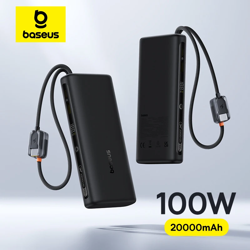 Baseus 20000mAh 100W Power Bank Built-In Dual USB-C Cable Fast Charging Digital Display Power Bank For iPhone 17 Pro Max Samsung