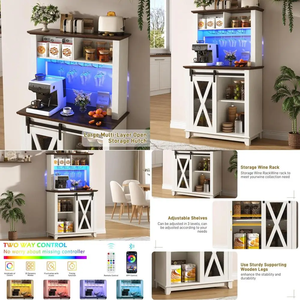 

Antique White Wide Arm Coffee Bar Cabinet with LED, 2-Tier Storage, Sliding Barn Door & Wine Rack for Kitchen Dining Area