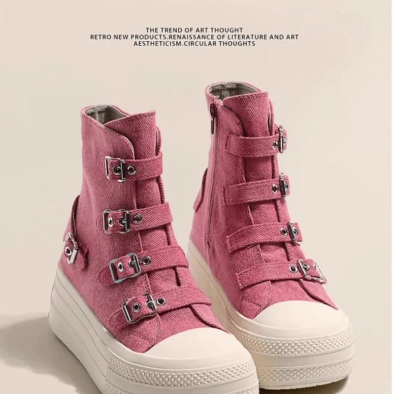2026 Spring and Autumn New Thick soled Short tube Canvas Boots French Casual Breathable Buckle Fashion Women's Single Shoes