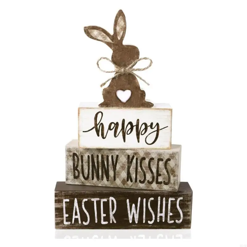 Pack of 4 Farmhouse Wooden Ornaments Set with Bunnies Figurine and Letter Block Signs for Table and Tiered Tray Decors B03E