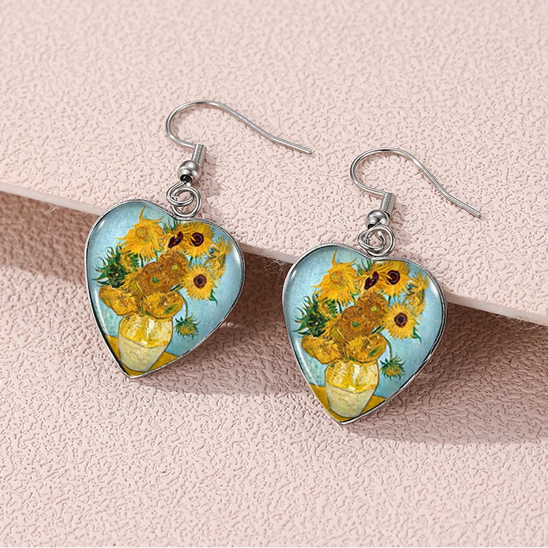 2024 New Starry Night Van Gogh Dangle Earring Heart Shaped Earrings Handmade Glass Dome Jewelry