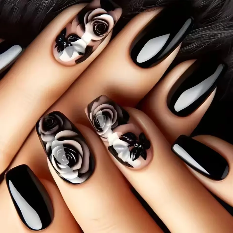 24pcs Short Almond Amber Flower Fake Nail with Glue Wearable Summer Designs Press on Nails Full Cover Acrylic False Nails Tips