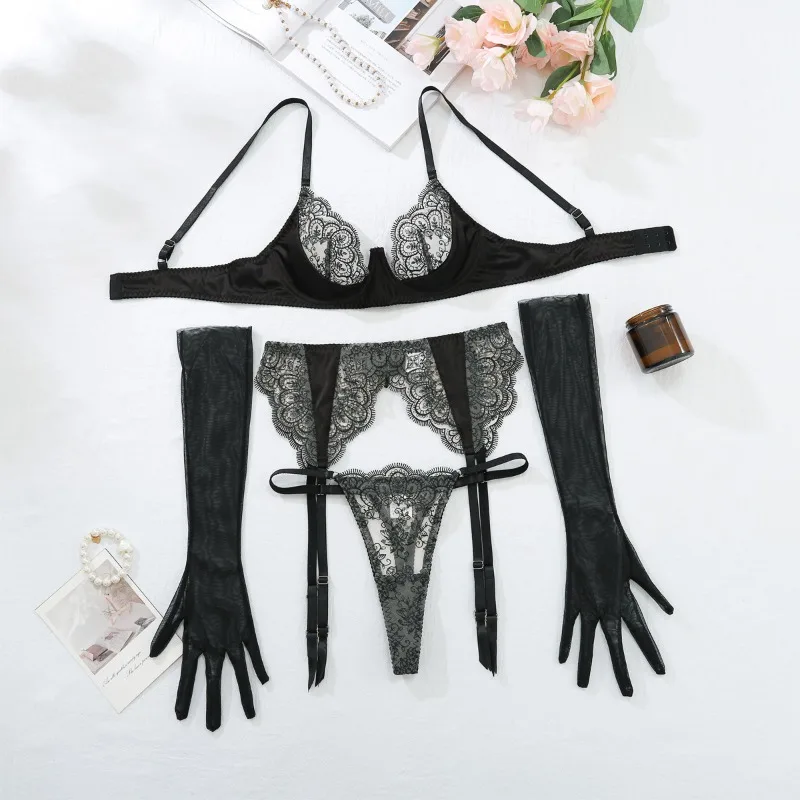 Toucheart 4 Piece Set Sexy Embroidered Lace Erotic Backless Lingerie For Women Mesh Patchwork Lace See-Through Sexy Lingerie Set