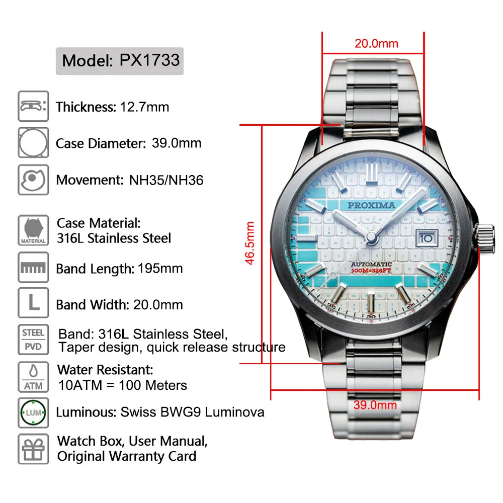 Proxima PX1733 Men Dress Watch NH36 Sapphire Automatic Mechanical Watch Waterproof 100m Bgw9 Lume Reloj