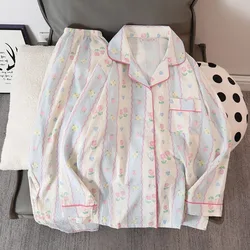 Korean Kawaii Small Flower Print Women's Sleep & Lounge V-neck Casual All-matcch Homewear Pajamas Set Autumn New 2024 Sleepwear