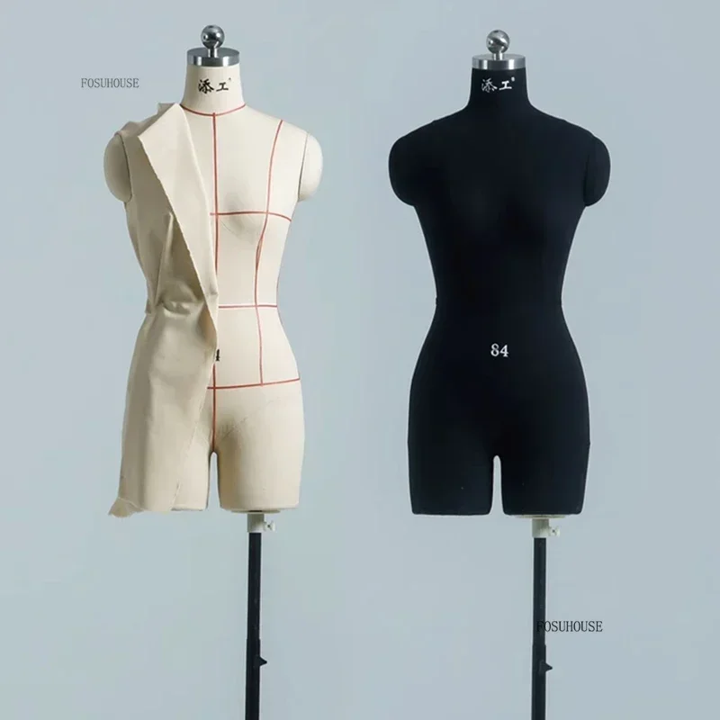 Home Sewing Tailor Mannequin Linen Body Show Cloth Mannequin Ladies' Clothing Upper Body Window Display Model with Wheels Base F