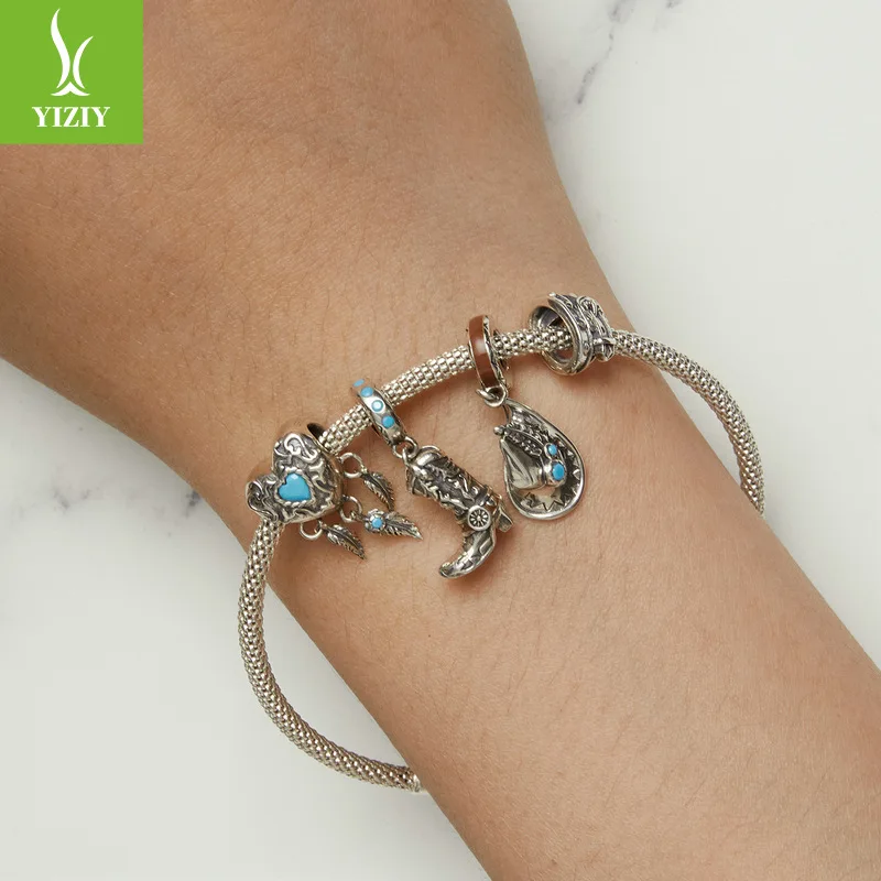 

Ковбойские кожаные сапоги в стиле ретро в стиле вестерн, шляпа, кулон «сделай сам», бирюзовый дречер, серебряный браслет S925, аксессуары, модные ювелирные изделия