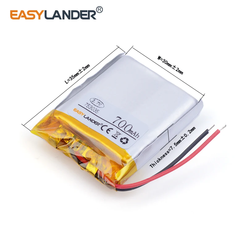 3 unids/lote 753035   Batería recargable del polímero de Li-ion de litio de 3.7V 700mAh para el teclado inalámbrico del ratón mp3