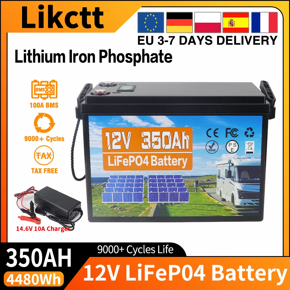 12V 350Ah LiFePO4 Batterij met ingebouwde BMS Lithium IJzer Fosfaat Oplaadbare Cel 9000 Cycli Voor Camper, Golfkar, EU Voorraad, Belastingvrij