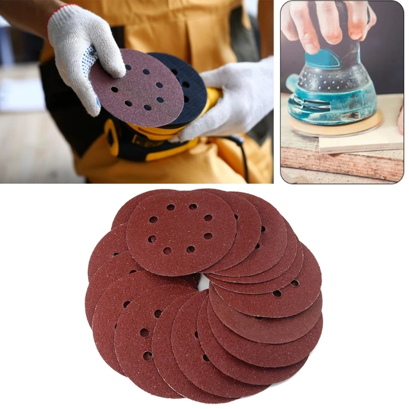 100Pcs Sanding Discs Set 5inch 8 Hole Sandpaper Including 40# 60# 80# 120# 180# Grit for Woodworking Automotive