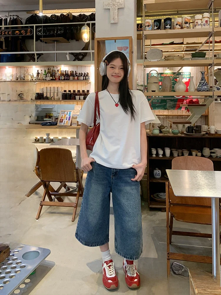 

Синие джинсы Blue R Palentine с широкими штанинами, женские, тонкие, летние, в новом американском стиле, длиной 7/8, с высокой талией, из денима