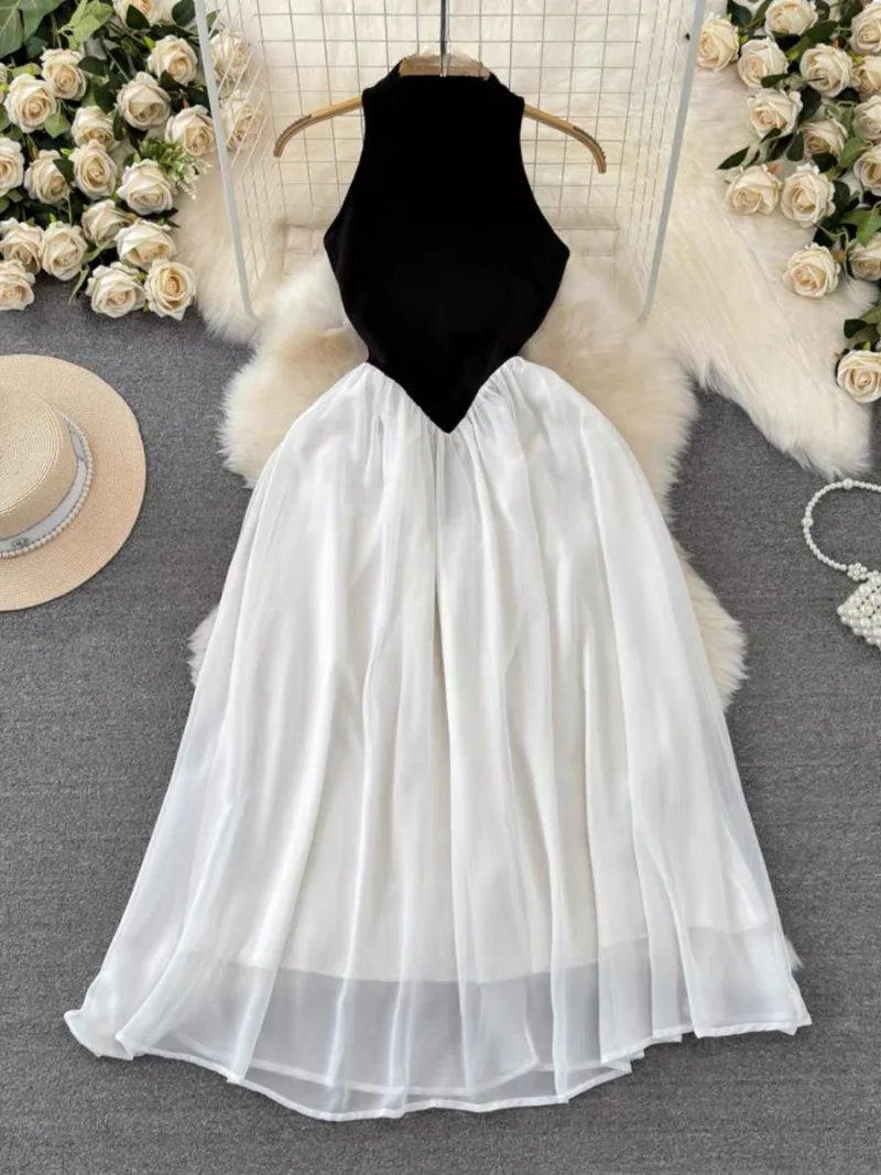 فساتين نسائية للعطلات ذات ألواح كبيرة عصرية ملابس الشارع الشهير على طراز الشاطئ موضة كورية بدون أكمام فساتين صيفية شعبية يوميًا