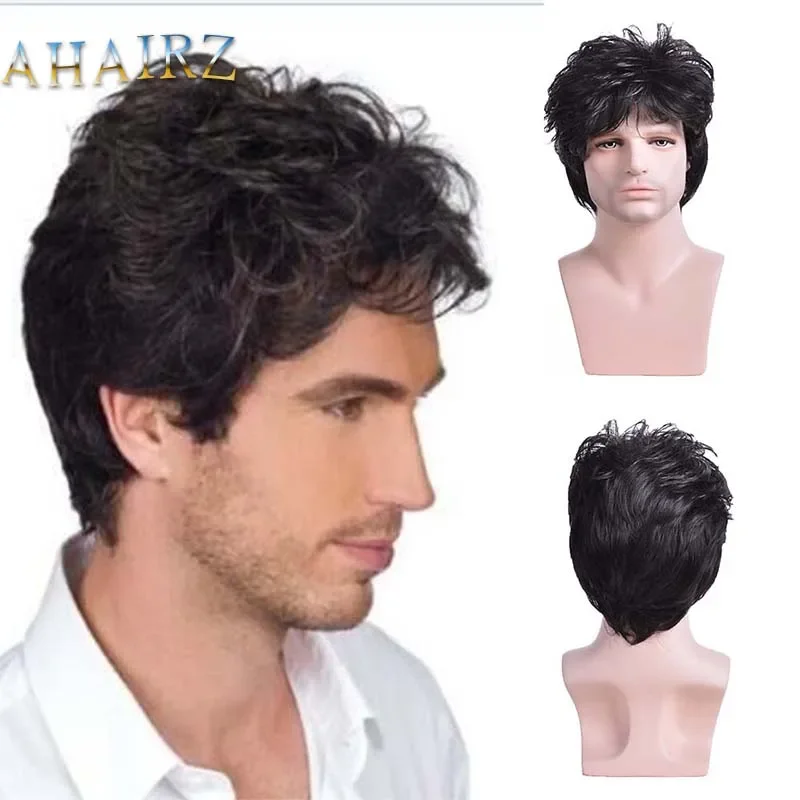 

Wigs for Men Synthetic Short Straight Hair With Bangs Black Wigs Cosplay Daily Use Heat Resistant Fiber Wigs