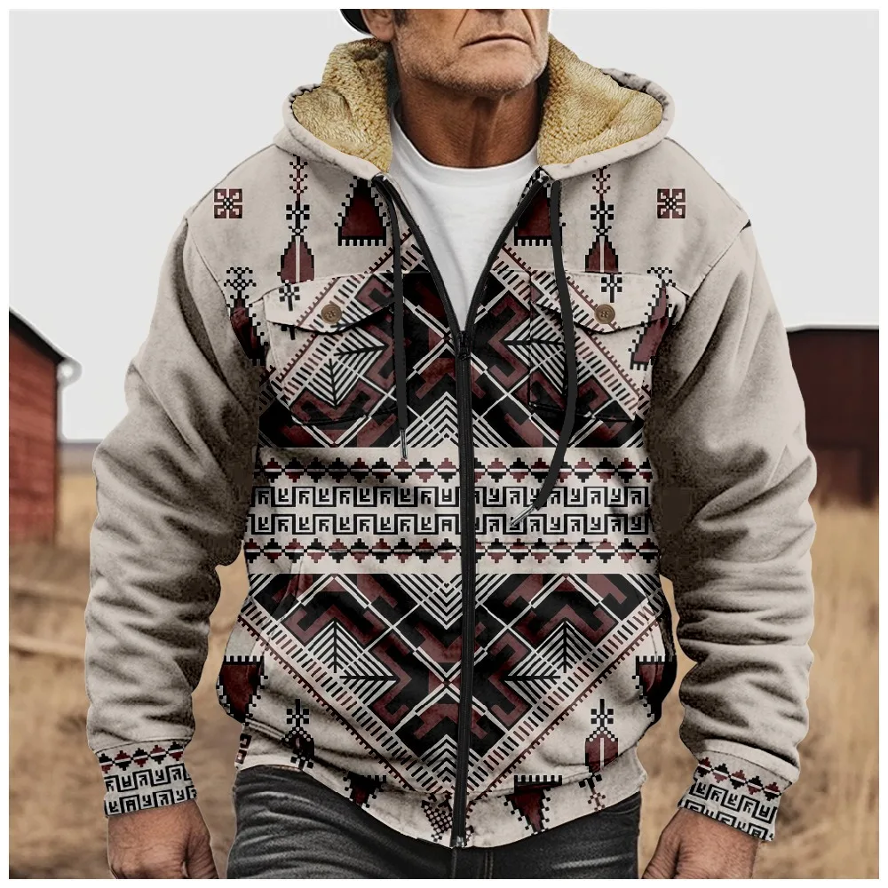 Men Winter Cardigans Jackets Coats Printed Geometric Retro Aztecs Art Graphics Plush Thick Hunting Streetwear Unisex Clothing