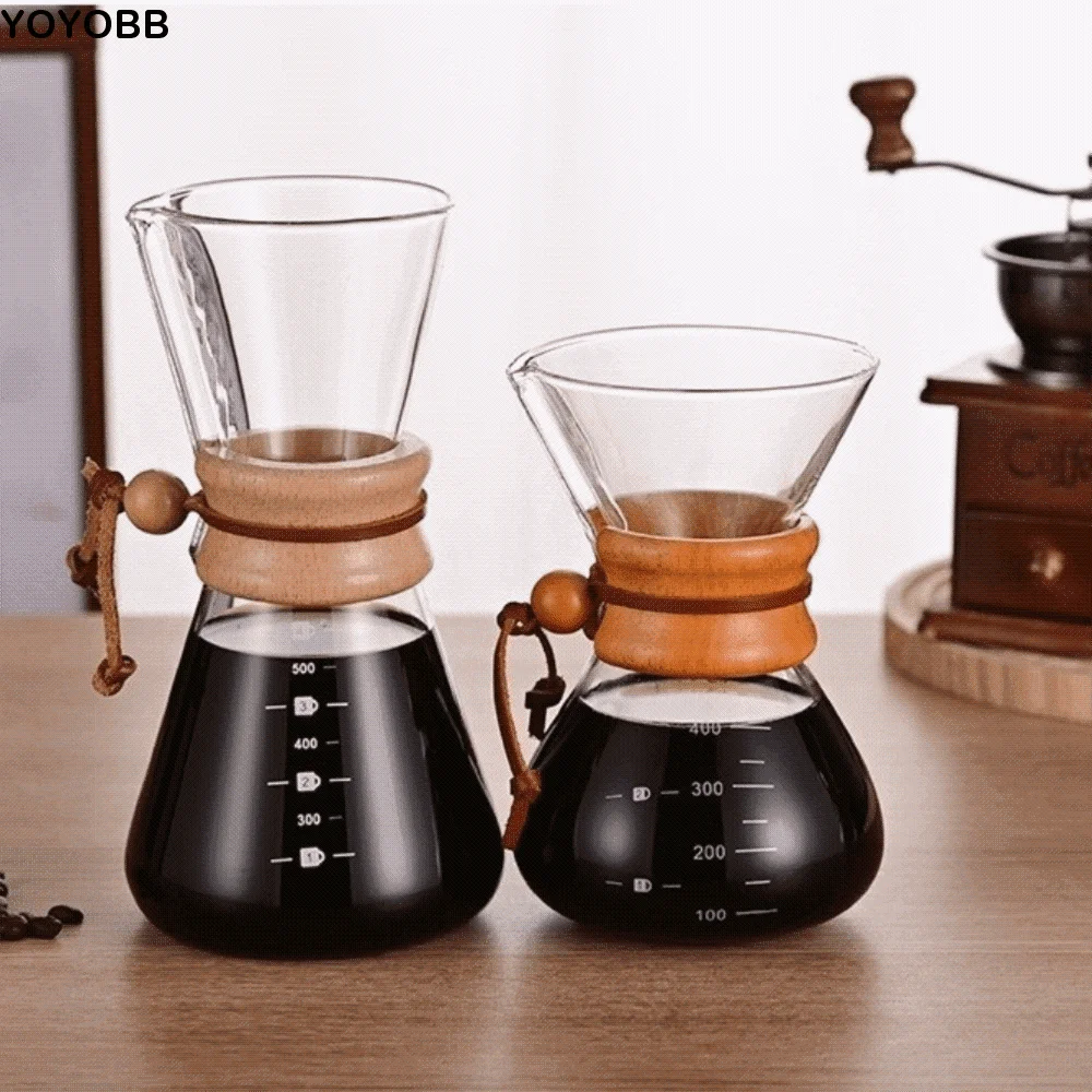 

Espresso Coffee Stainless Steel Coffee Pot Glass Wooden Handle Tea Pot 400ML/600ML High-Temperature Resistant Tea Kettle Daily