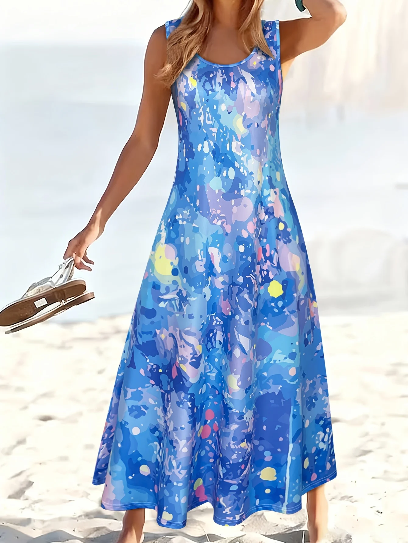 Summer Women's Vest Dress Beach Holiday Round Neck Sleeveless A-Line Flared Long Skirt Gradient Watercolor Ink Starry Sky Print