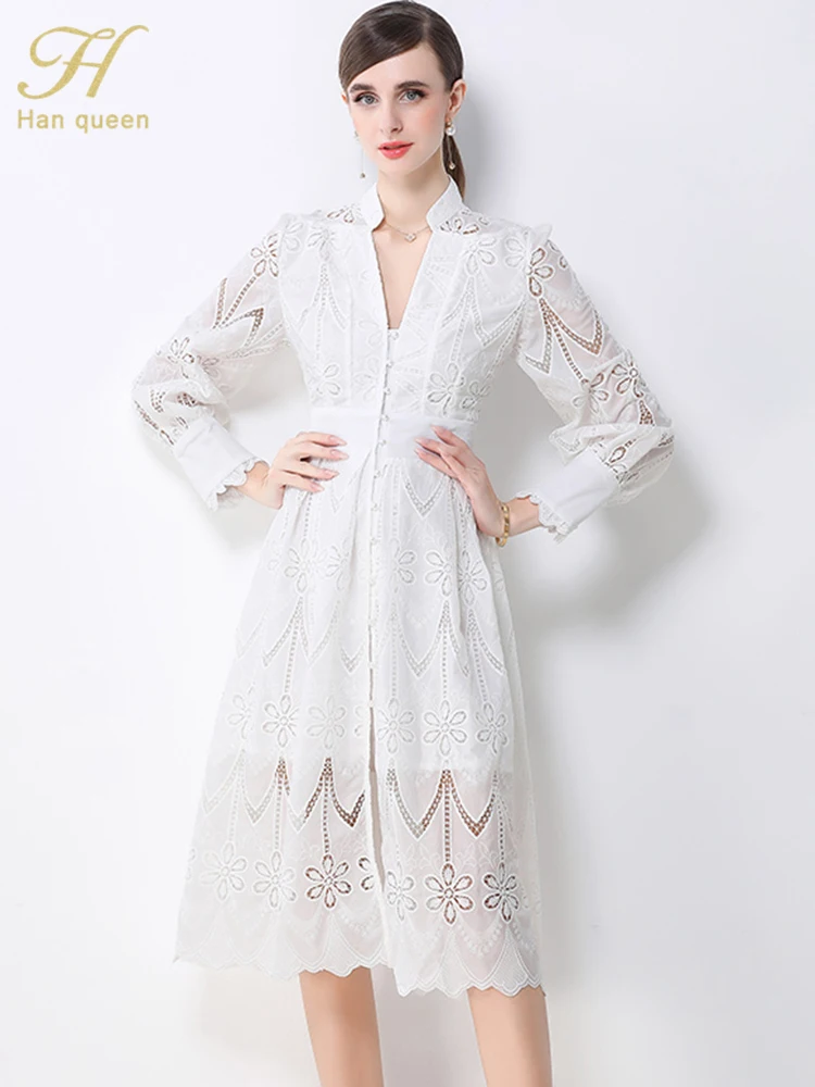 فستان دانتيل ربيعي للنساء من H Han Queen بفتحة رقبة على شكل حرف V وأكمام واسعة وصدر واحد وخصر عالٍ فساتين حفلات كلاسيكية على شكل حرف a