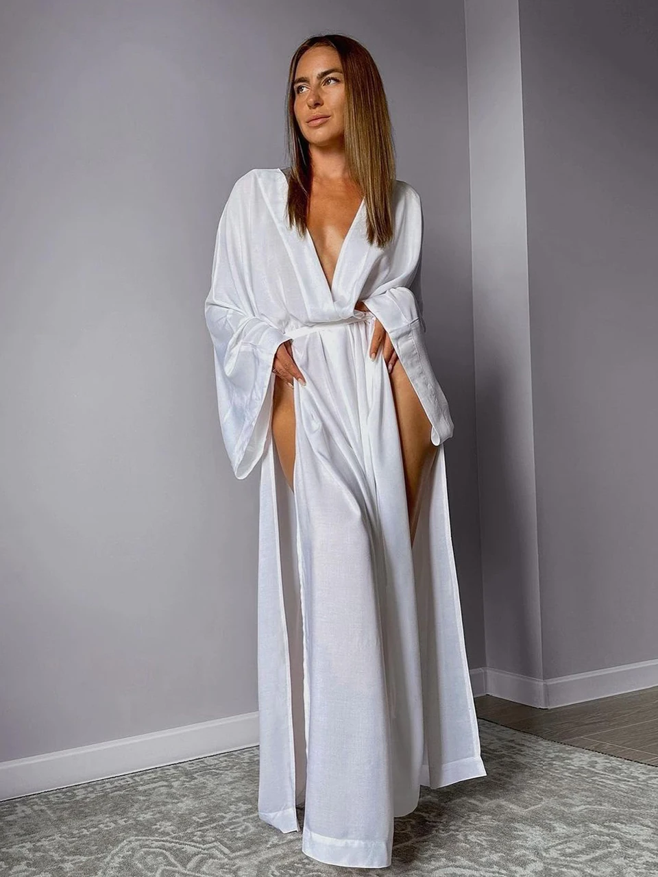 

Marthaqiqi зимняя женская ночная рубашка с длинными рукавами, халат с v-образным вырезом, ночная рубашка на шнуровке, платье до щиколотки, повседневная женская ночная рубашка