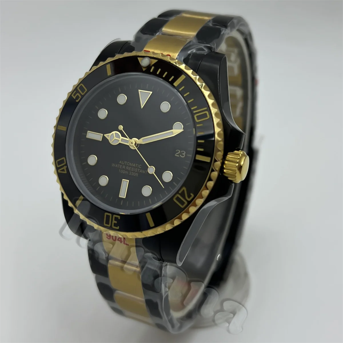 Мужские автоматические механические наручные часы Bliger Nh35A, 40 мм, роскошный золотой, черный корпус, браслет, керамический безель, сапфировое стекло