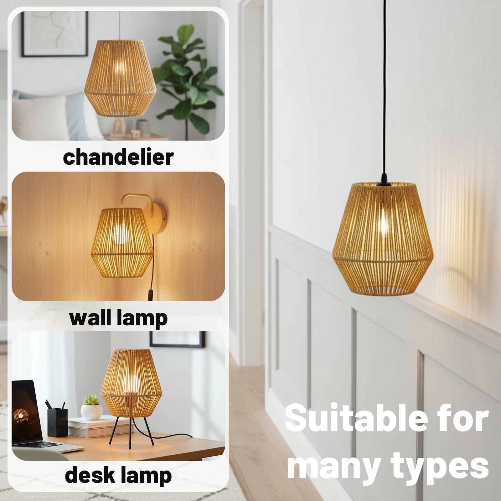 Woven Rattan Lamp Shade Replacement, Farmhouse Rustic Wicker Light Cover, Boho Style 2-Tier Pendant Lampshade for Hanging Lights