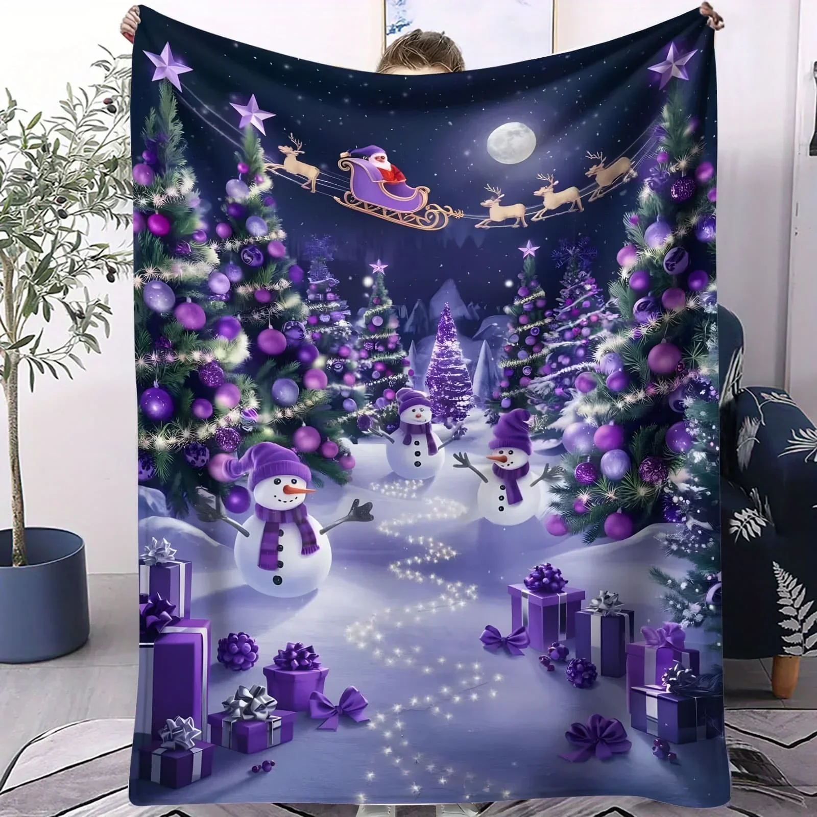 Cozy Christmas Night Scene Throw Blanket with Snowmen Reindeer and Twinkling Lights for Holiday Decor