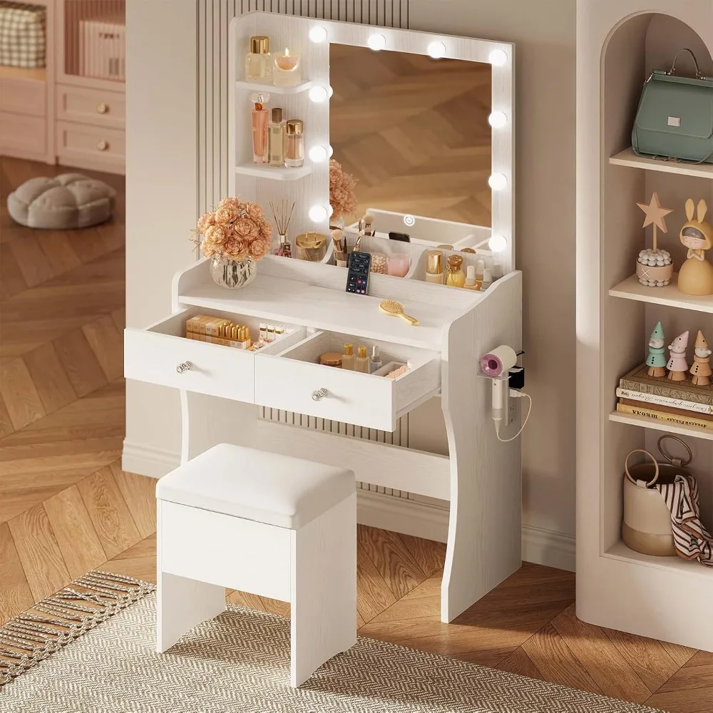 

Makeup Vanity Desk with Mirror and Lights, Womens Vanity Makeup Table with Storage Stool for Dressing-Room, 3-Color LED Lights,