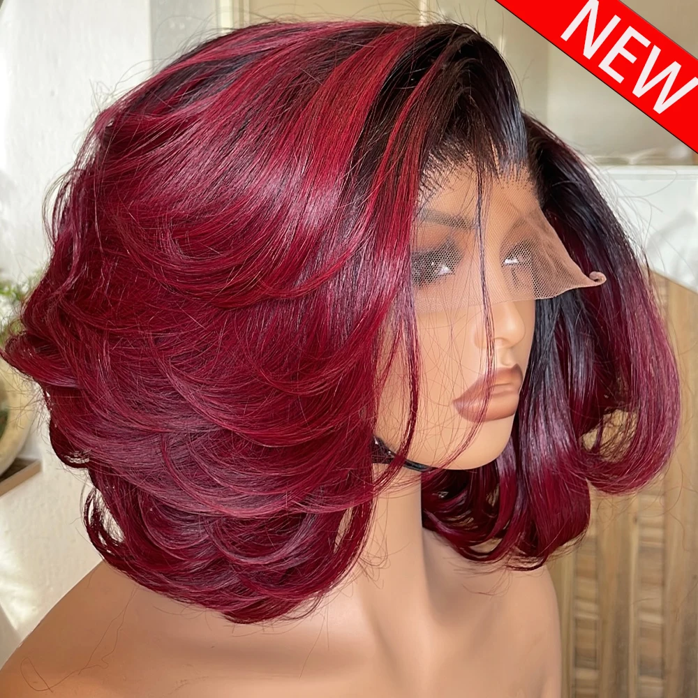 

Burgundy Body Wave Short Bob 100% Human Hair 400 Density Red Colored 13x4 HD Lace Frontal Wig For Women Pre plucked Wear And Go