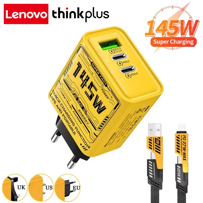 Lenovo ThinkPlus 145W EU/USPlug Ultra Fast Charging 3-ports PD USB Type-C Qc 3.0 Super Charge Wall Adapter For IPhone18 Samsung