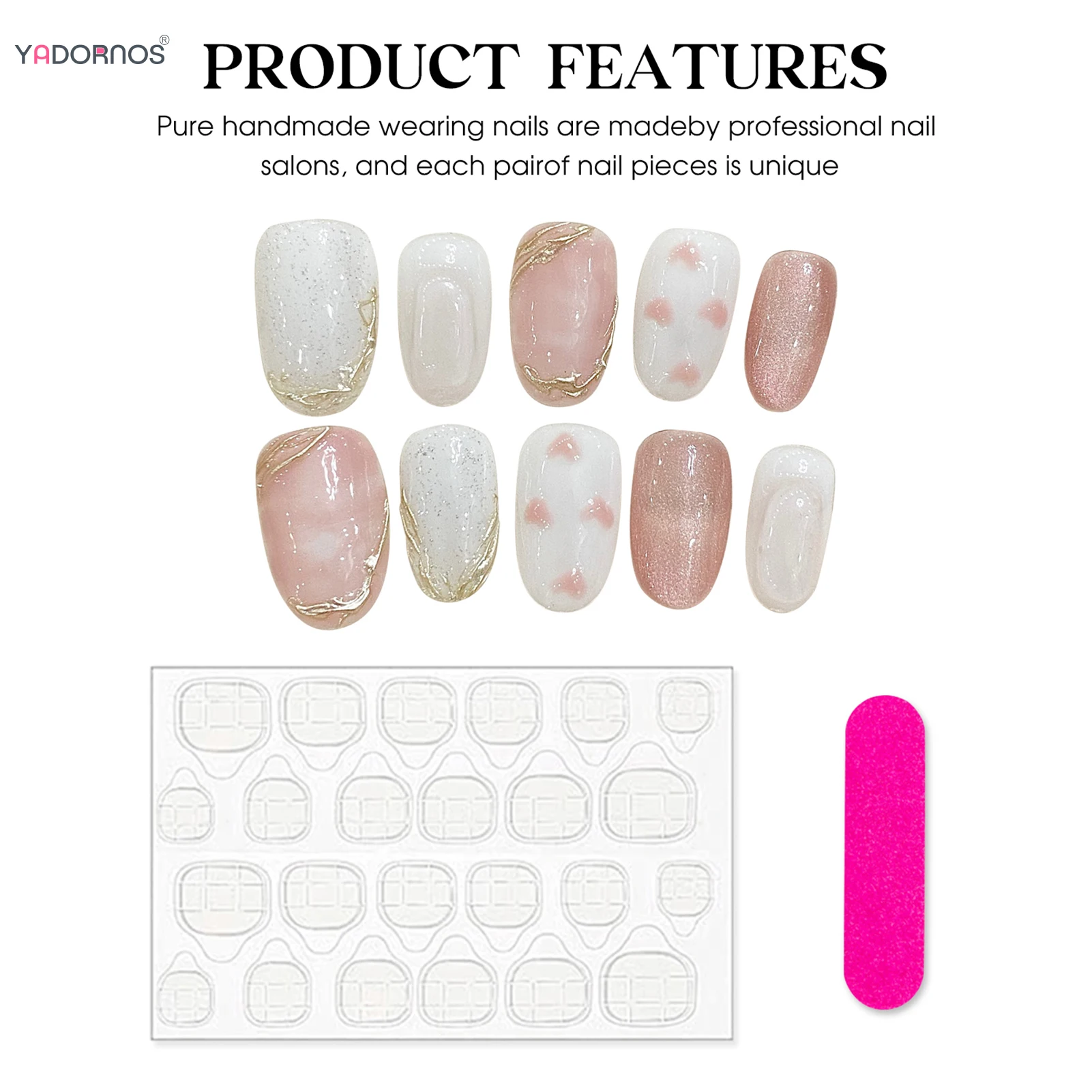 Uñas postizas hechas a mano para niñas, Uñas postizas de cabeza redonda, purpurina, lentejuelas, diseños de corazón de amor, puntas reutilizables, Rosa dulce