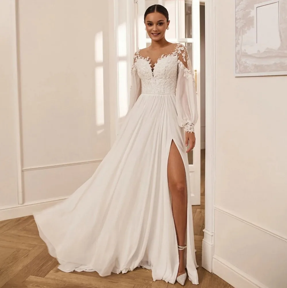 

Elegant Boho Wedding Dress Sheer Neck Lace Appliques Long Sleeve Chiffon Silt Bridal Bride Garden Party Gowns Vestidos De Noiva