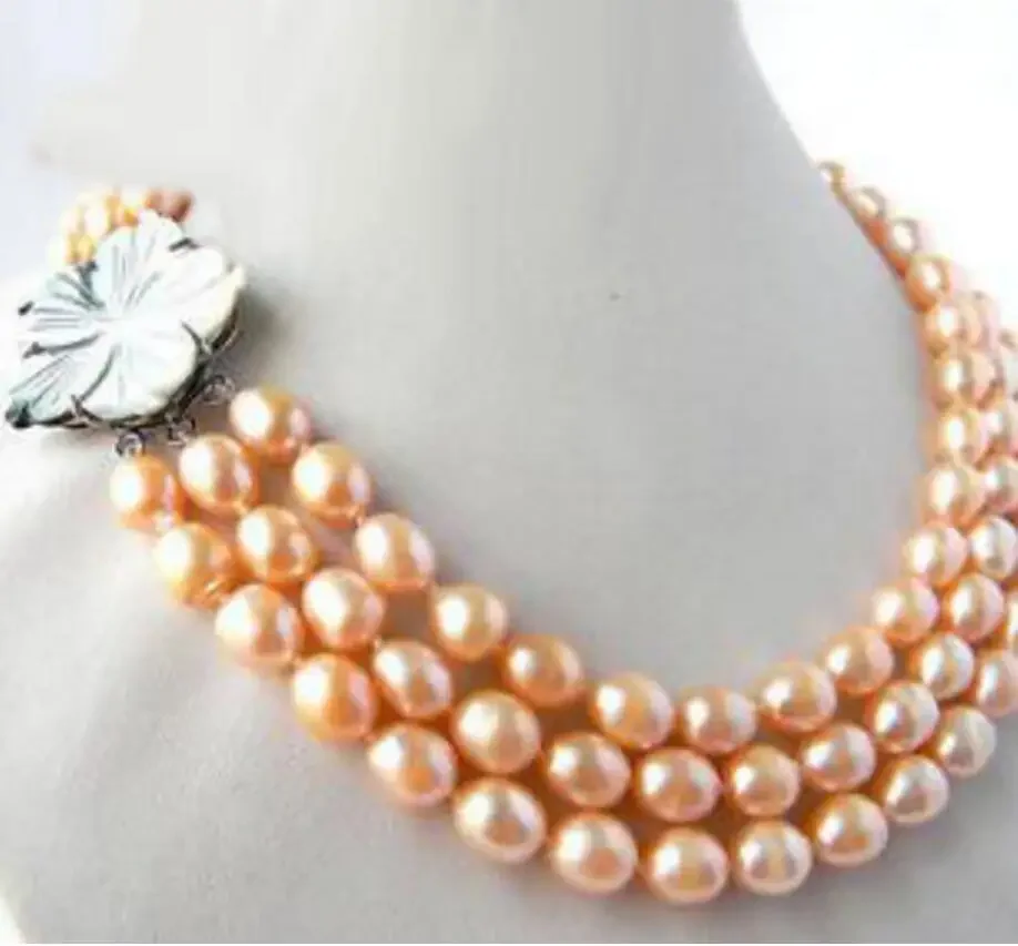 

3Strands 18'' 9MM Pink Rice Freshwater Pearl Necklace