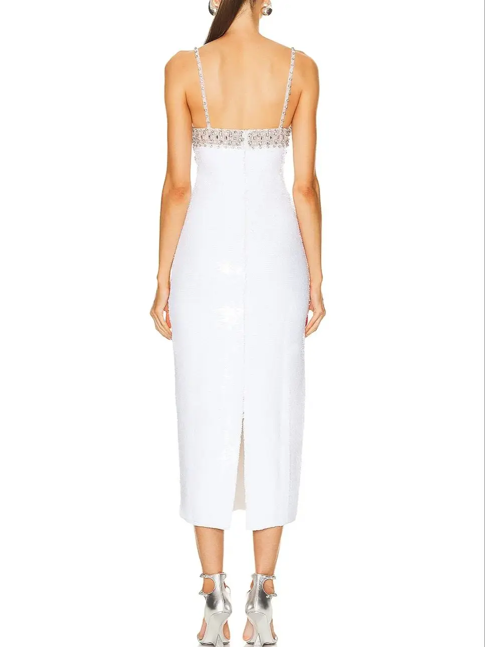 Summer New Women Sexy Crystal White Sequins Glitter Cut Out Mid-Calf Bodycon Dress Party Evening Birthday Dress Costume Vestido