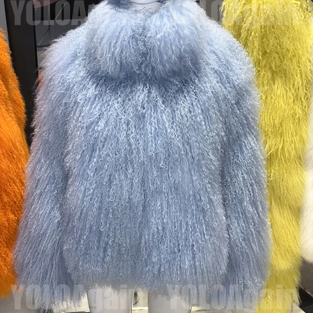 YOLOAgain High Collar Real Mongolia Sheep Fur Jacket For Women 2025 Winter Coats Outerwear