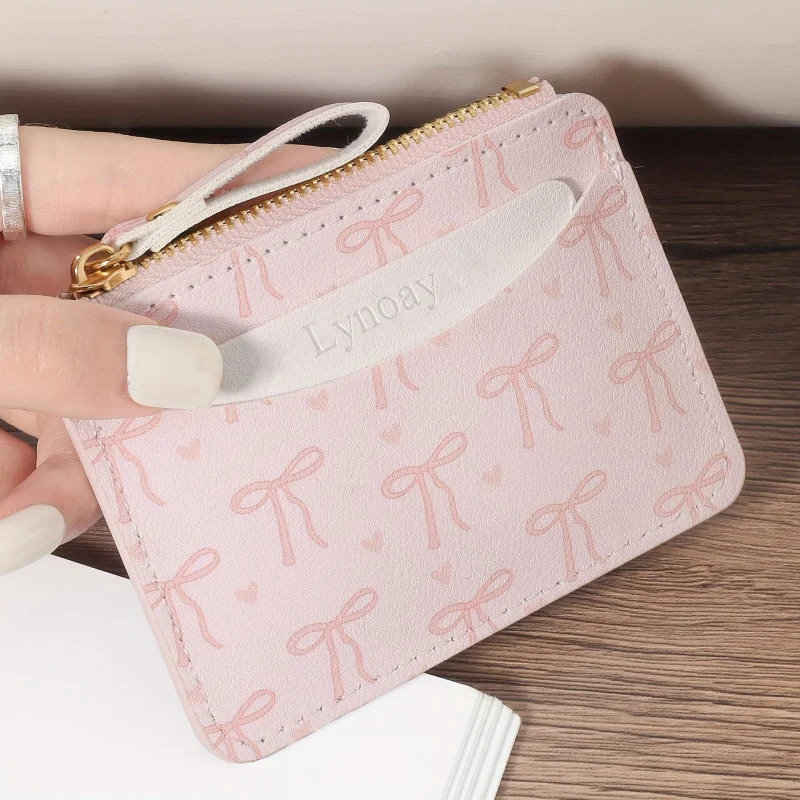 Women's Ultra Thin Zipper Wallet Pink Heart Bow Card Holder Lightweight Daily Use Card Case Zip Closure