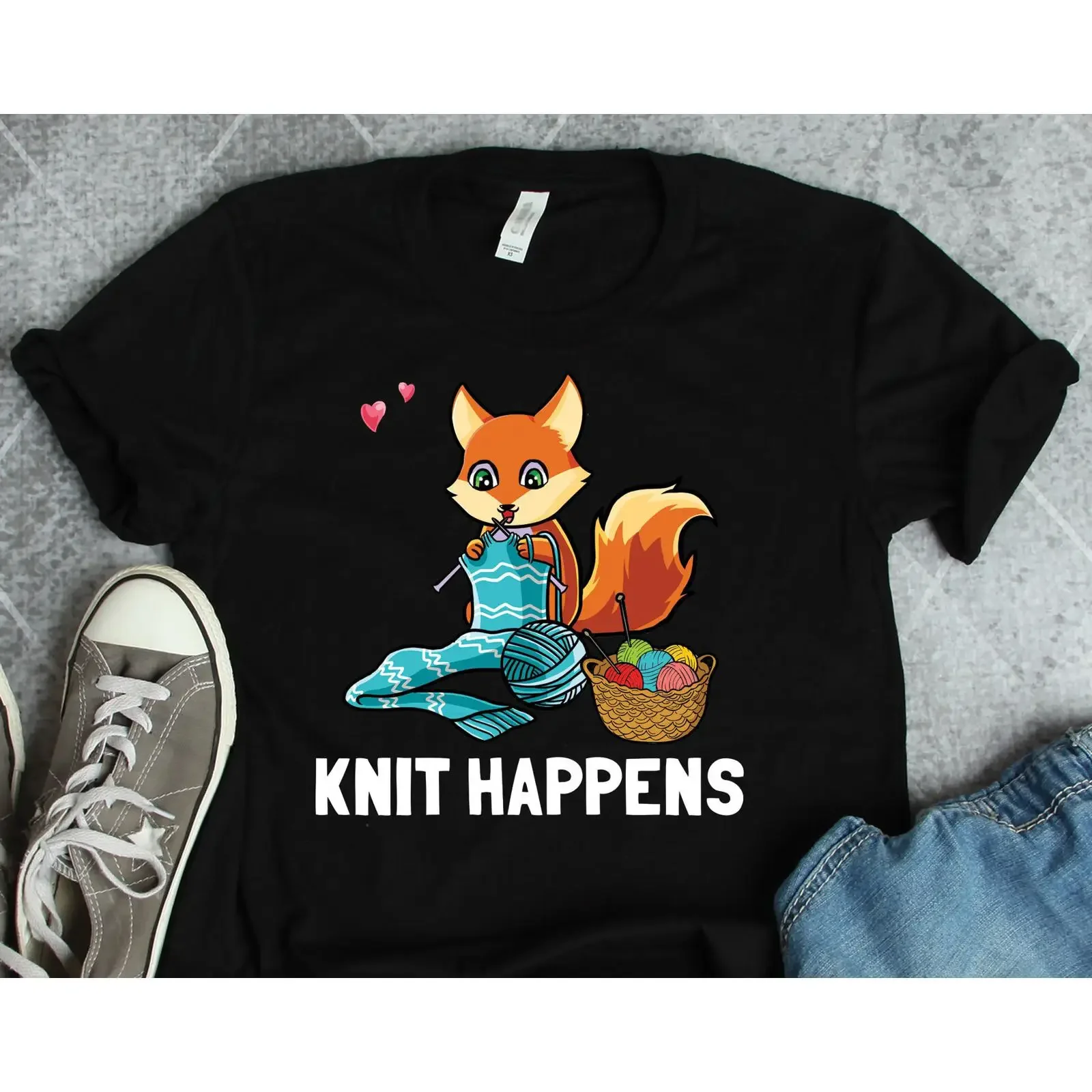Knit Happens T Shirt Knitting Mom Fox Grandma s CrocheT Yarn Crafty vintage Washed Breathable streetwear Stylish fashion