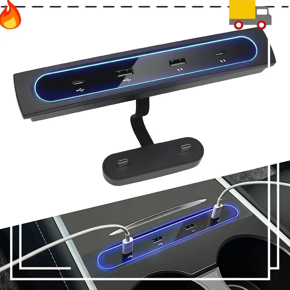 

Discount-For Tesla Model 3 Y 2021 2022 Accessories 27W Quick Charger Docking Station, 4 In 1 USB LED Hub Center Console Sensor