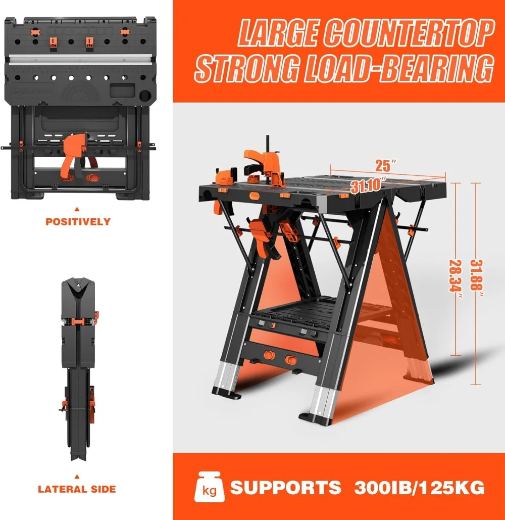 

Складной верстак и пильная лошадь 2-в-1, водонепроницаемый портативный рабочий стол с зажимами, регулируемый по высоте