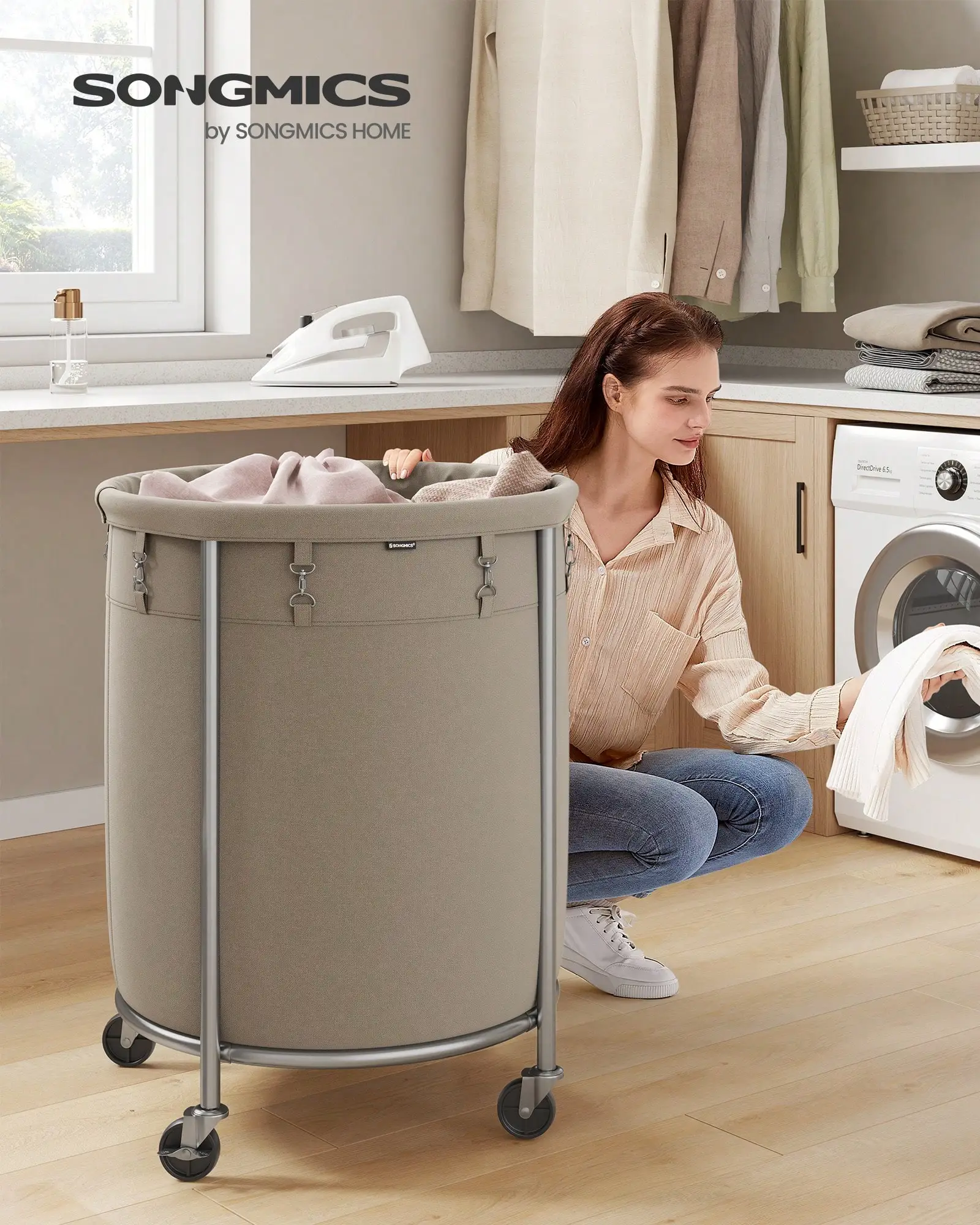 Laundry Basket With Wheels, Rolling Laundry Hamper, 45 Gal., Round Laundry Cart With Steel Frame And Removable Bag, 4 Casters And 2 Brakes