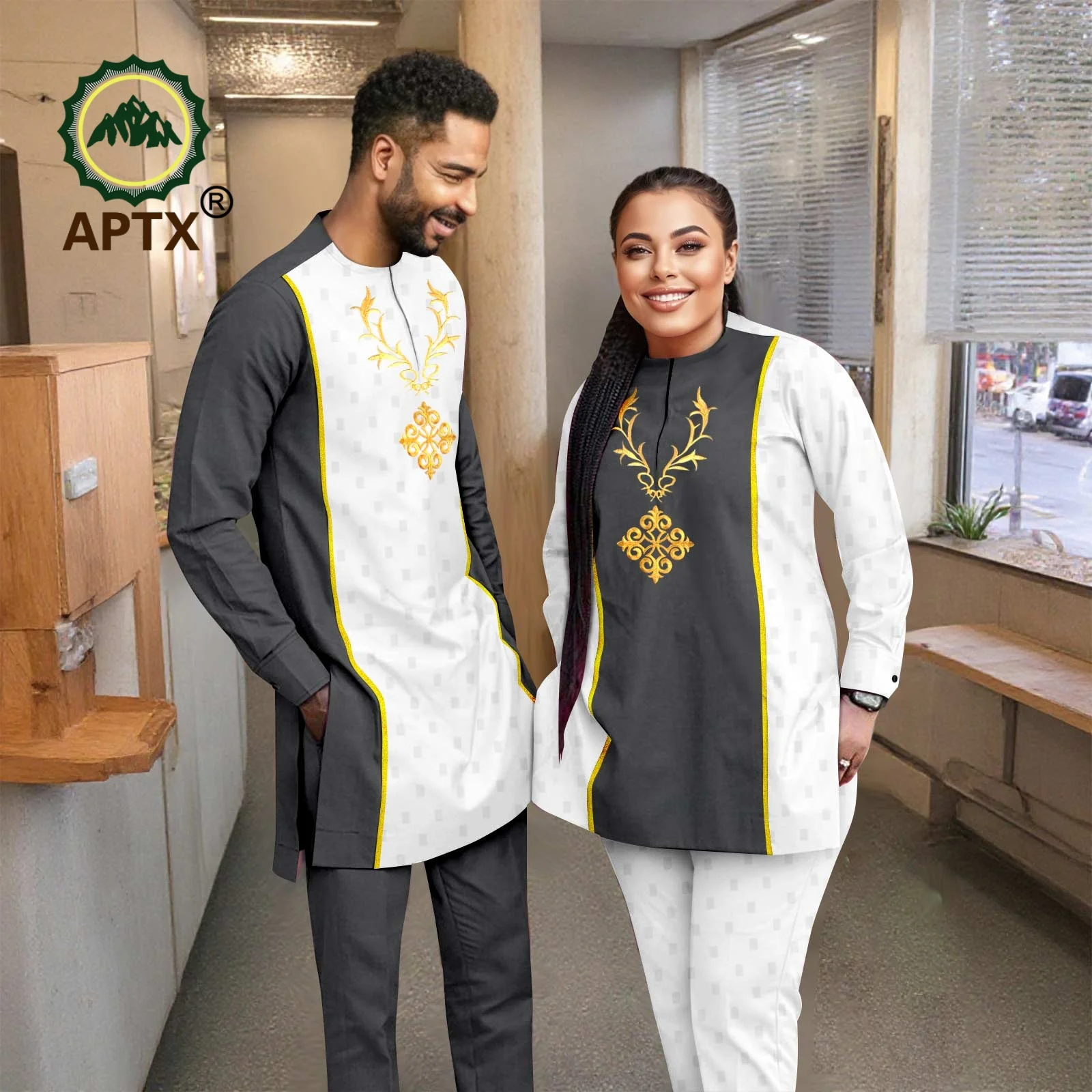 بدلات الزوجين الأفريقية المذهبة الدانتيل مطابقة رداء للرجال مجموعة النساء فستان Agbada ملابس الزفاف مساء ارتداء اليومي