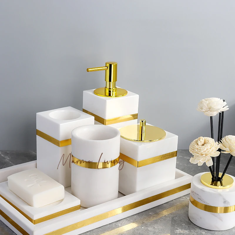 

Volakos White Natural Marble Bathroom Accessories Luxury Gold Soap Dispenser Cotton Swabs Container Tray Bath Set